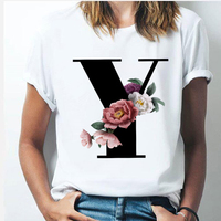 Vogue 26 litera alfabetu kobiet T-shirt dziewczyna od A do Z alfabet połączenie kwiaty Z krótkim rękawem casual koreański styl topy, Drop Ship 6